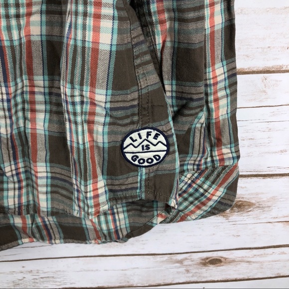 Life Is Good brown plaid hi low button up hood top - Picture 6 of 8